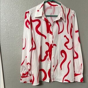 White and Pink Button Down Shirt with Abstract Design